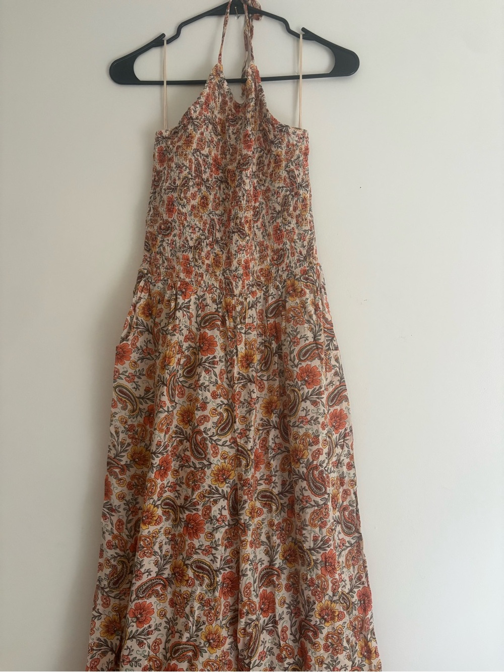 Patrons of Peace Floral Halter Maxi Dress in Cream, Rust, and Mustard
